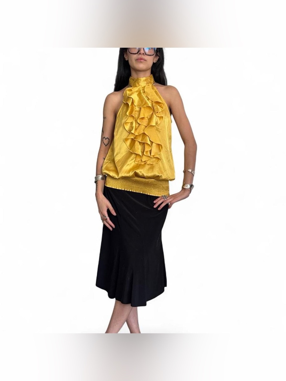 Y2K Satin Yellow Ruffled High Neck Top by Dizzy Lizzy Size Medium